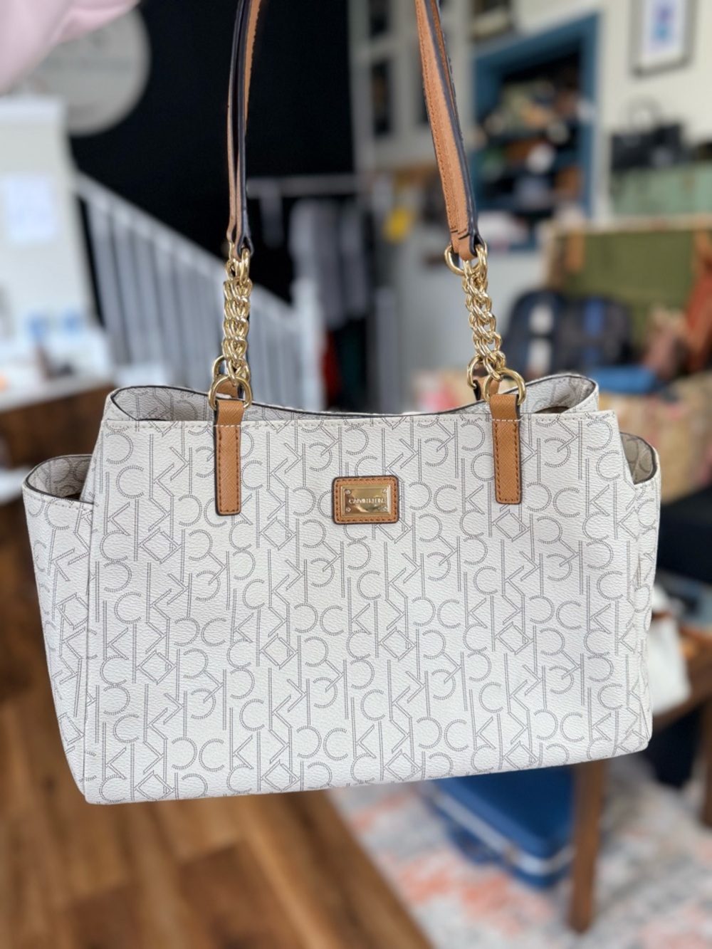 Calvin Klein Monogram Chain Tote | Blush Pink/Tan | EUC
